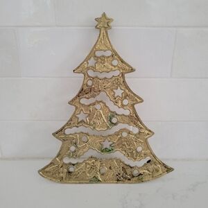 Vintage Brass Christmas Tree Trivet Gold Star Garland Ornaments